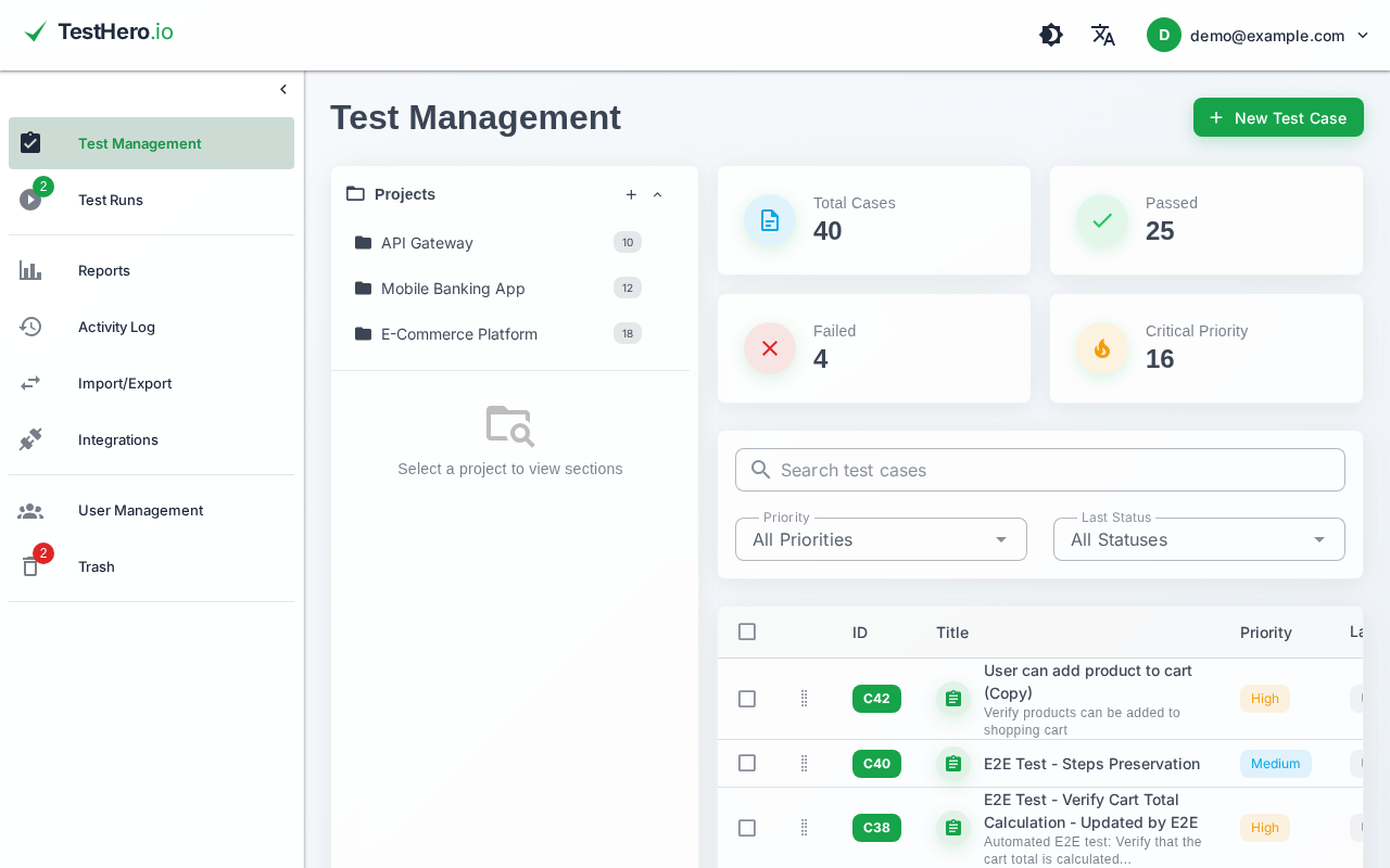 List of test cases with projects, filters and a status summary
