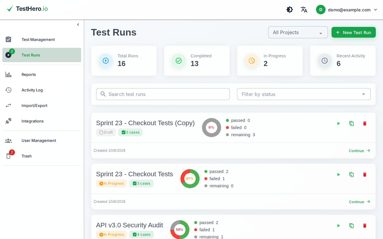 Overview of test runs with the progress of each